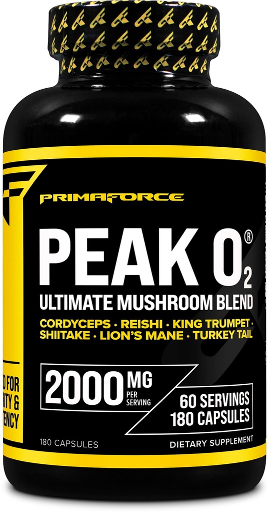 Primaforce Peak O2 Performance Mushroom Powered Oxygen Abvorvation Booster (180 Κάψουλες) (2.000 mg ανά υπηρεσία, 60 υπηρεσίες) - Αθλητική Απόδοση συμπλήρωμα, Ultimate Mushroom Blend