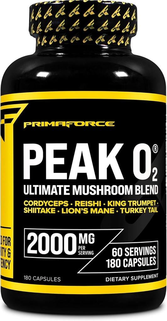 Primaforce Peak O2 Performance Mushroom Powered Oxygen Abvorvation Booster (180 Κάψουλες) (2.000 mg ανά υπηρεσία, 60 υπηρεσίες) - Αθλητική Απόδοση συμπλήρωμα, Ultimate Mushroom Blend