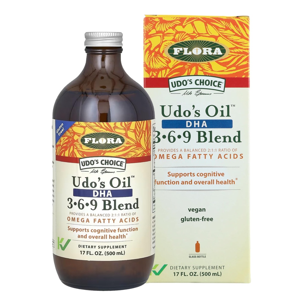 Flora - Udo's Oil DHA 3-6-9 Blend - Vegetarian Eye & Brain Health Supplement - Omega-3 & Omega-6 - Περιέχει ηλιοτρόπιο & flax Seed Oil - Kosher & Organic - Κρατήστε Chilled - 17 fl. oz.
