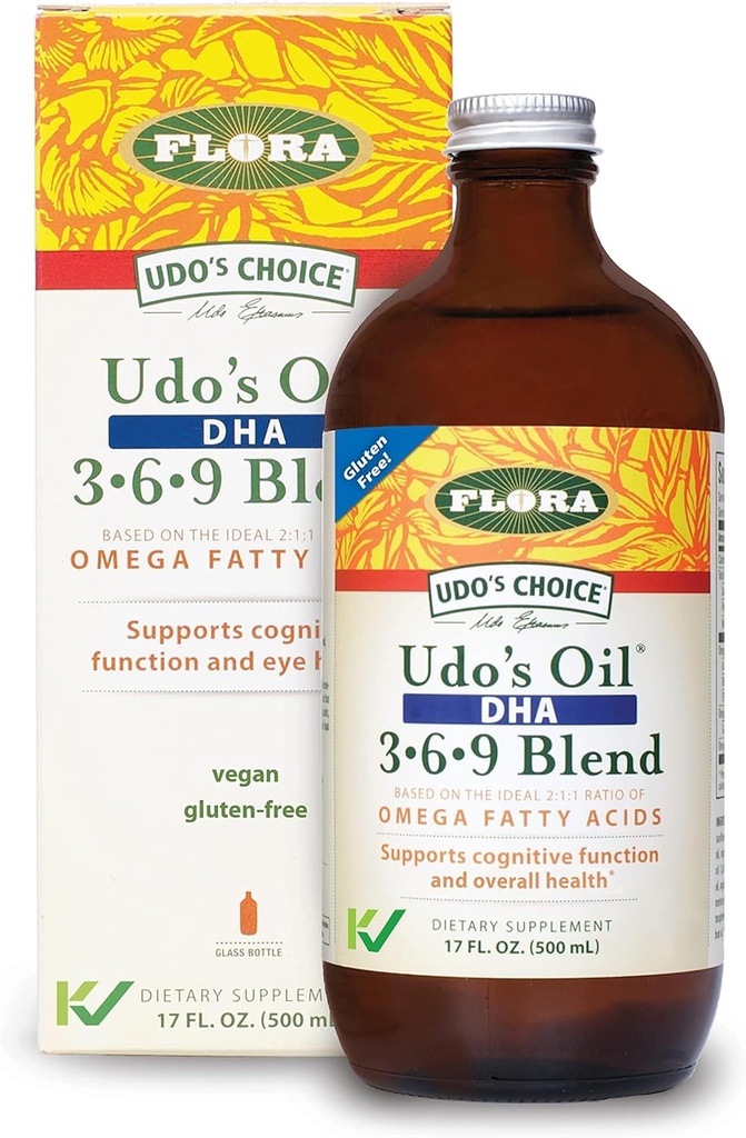 Flora - Udo's Oil DHA 3-6-9 Blend - Vegetarian Eye & Brain Health Supplement - Omega-3 & Omega-6 - Contains Sunflower & Flax Seed Oil - Kosher & Organic - Keep Chilled - 17 fl. oz.