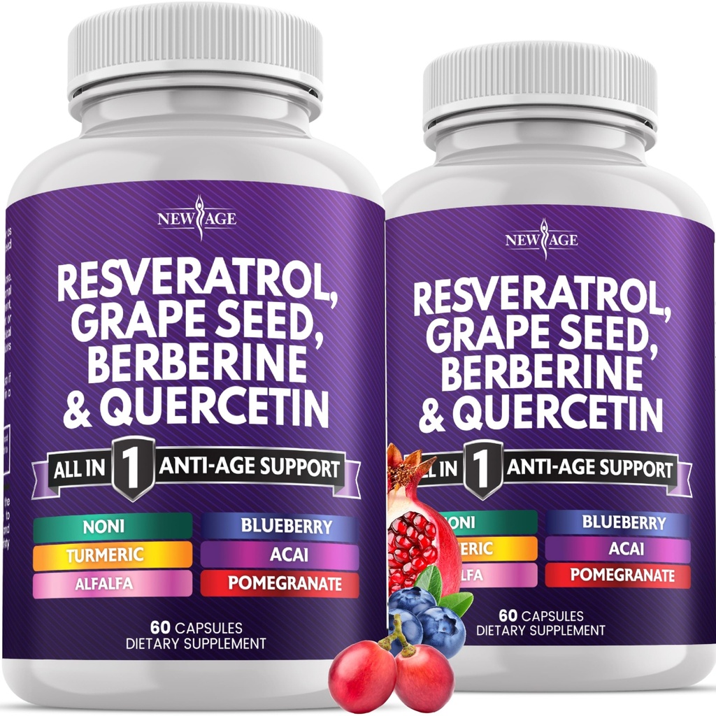 NEW AGE Resveratrol, Berberine, Grape Seed Extract, Quercetin, Supplement for Women and Men with Noni, N-Acetyl Cysteine, Acai - 120 Capsules