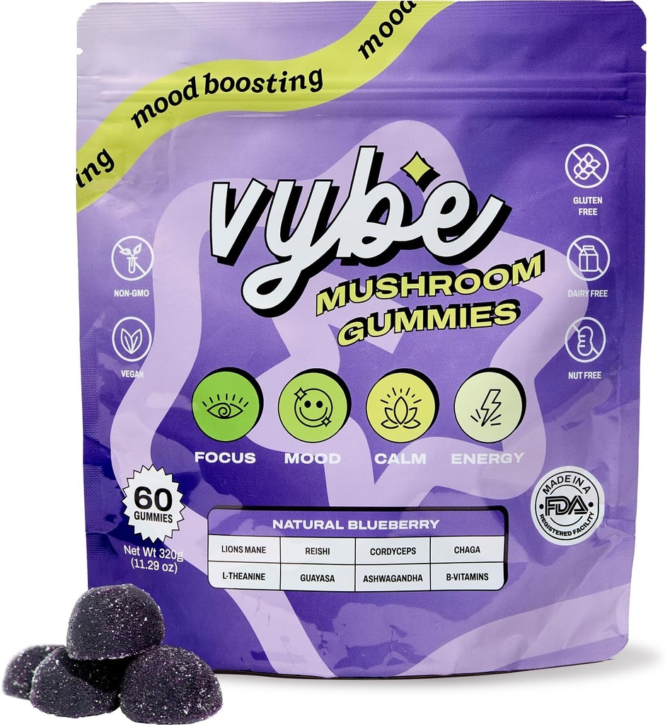 Vybe Daily Nootropic Gummies – 8-in-1 Mushroom & Adaptogen Brain Supplement for Focus, Energy, and Mood with Lion's Mane, Cordyceps, Reishi, Chaga, Ashwagandha (Blueberry, 60-Count)