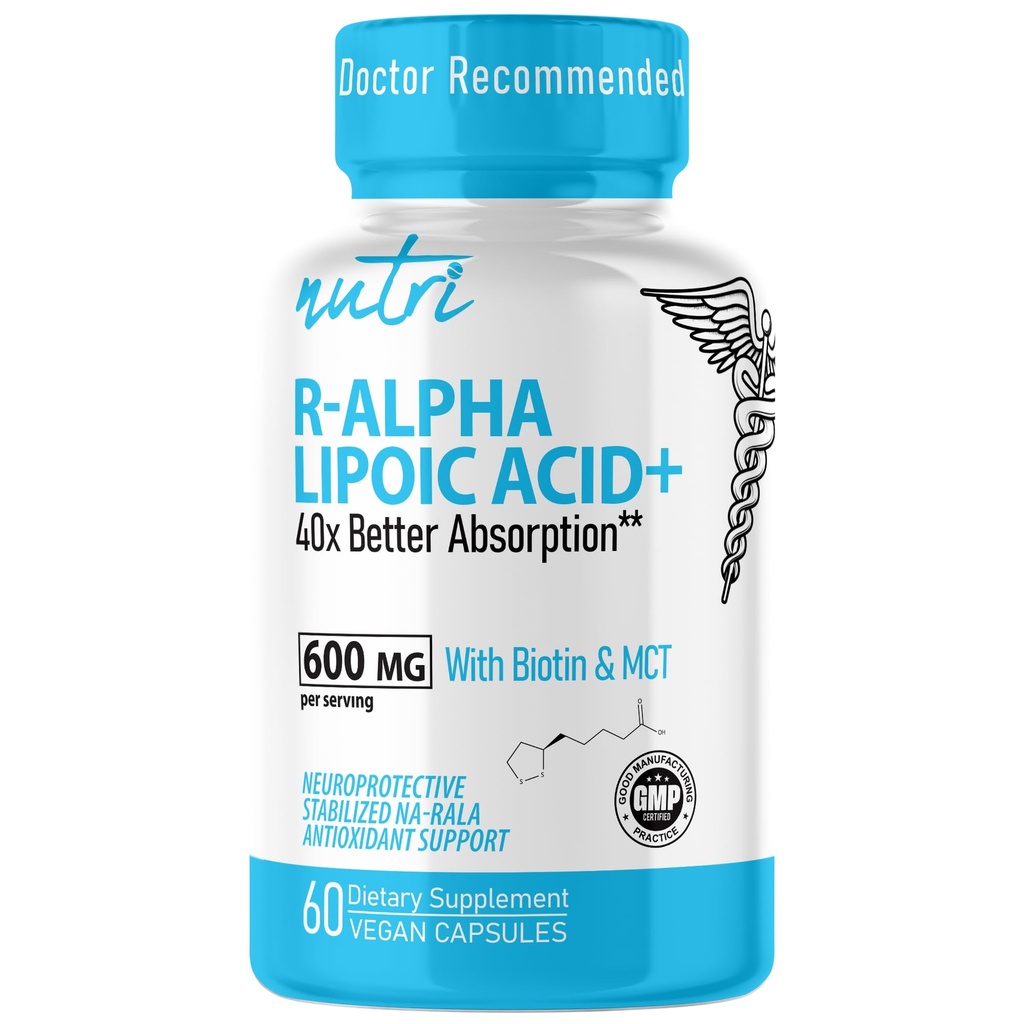 Nutri R Alpha Lipoic Acid 600mg Κάψουλες - R Lipoic Acid Stabilized with Biotin - Active Form of R- ALA - 600 mg Κλινική Δοσολογία - Ισχυρή Κυτταρική Ενέργεια Υποστήριξη - 60 Vegan Κάψουλες - RALA