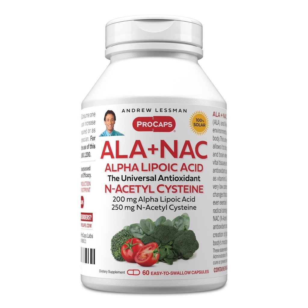ANDREW LESSMAN ALA + NAC Alpha Lipoic Acid με N- Acetyl-Cysteine 60 Κάψουλες - Ultra-High Potency, Anti-Oxidant Υποστήριξη για το νευρικό σύστημα, την καρδιά, τον εγκέφαλο, το συκώτι, τα νεφρά, τους πνεύμονες, την ενέργεια. Χωρίς πρόσθετα