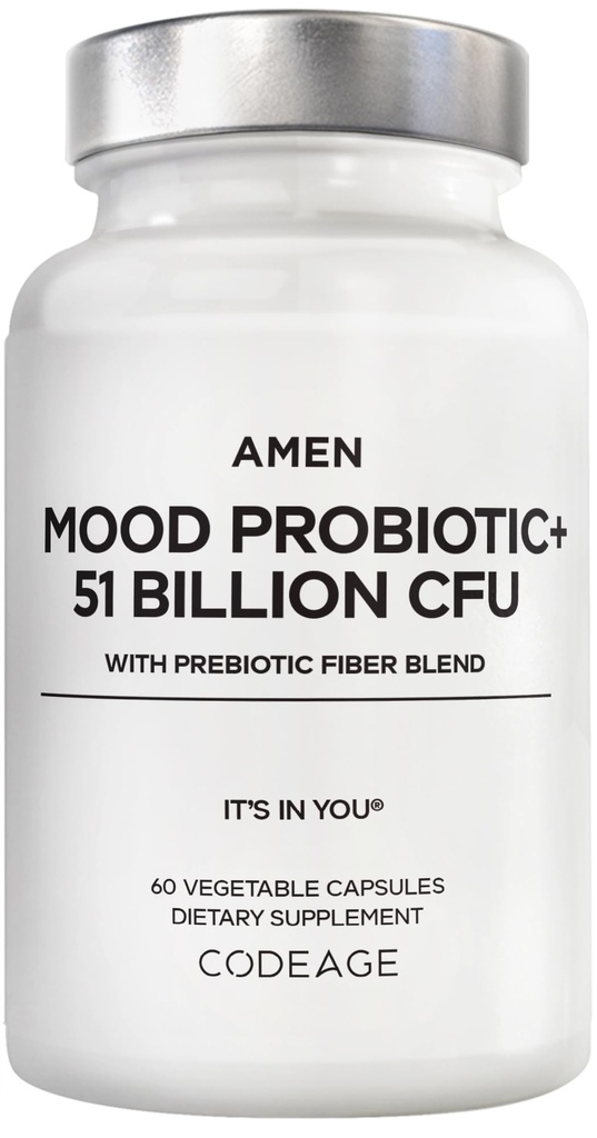 Amen Mood Probiotic Supplement 51 Δισεκατομμύρια CFU - Βιολογικά Πρεβιοτικά και Προβιοτικά - Acidophilus Probiotic Pills, Fibers - Mood Organic Ashwagandha, Blueberries - Vegan & Non-GMO - 60 Κάψουλες