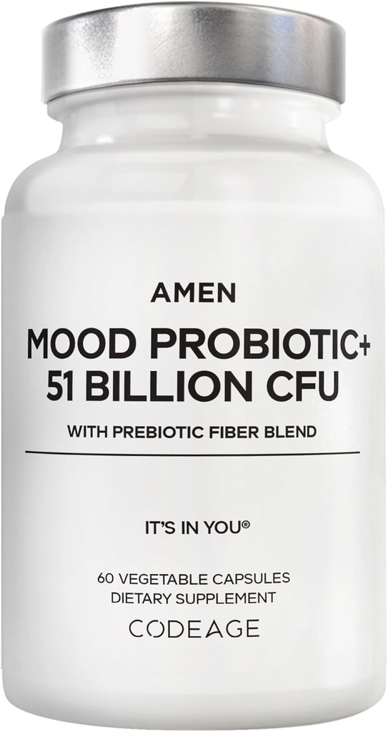 Amen Mood Probiotic Supplement 51 Δισεκατομμύρια CFU - Βιολογικά Πρεβιοτικά και Προβιοτικά - Acidophilus Probiotic Pills, Fibers - Mood Organic Ashwagandha, Blueberries - Vegan & Non-GMO - 60 Κάψουλες