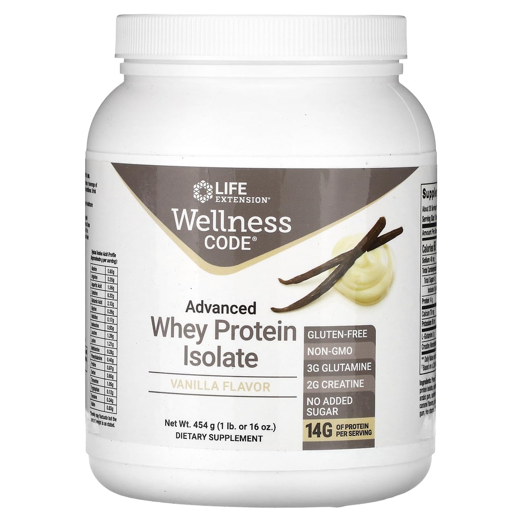 Life Extension Wellness Code® Advanced Whey Protein Isolate (Vanilla), κρεατίνη, γλουταμίνη, Mix for Muscle Growth & Immune Health, no Sugar Added, Gluten Free, Non-GMO, 454 Grams, 20 Servings