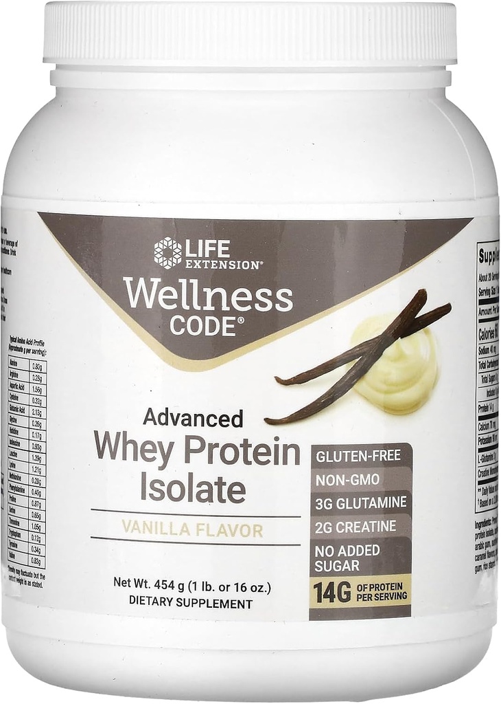 Life Extension Wellness Code® Advanced Whey Protein Isolate (Vanilla), κρεατίνη, γλουταμίνη, Mix for Muscle Growth & Immune Health, no Sugar Added, Gluten Free, Non-GMO, 454 Grams, 20 Servings
