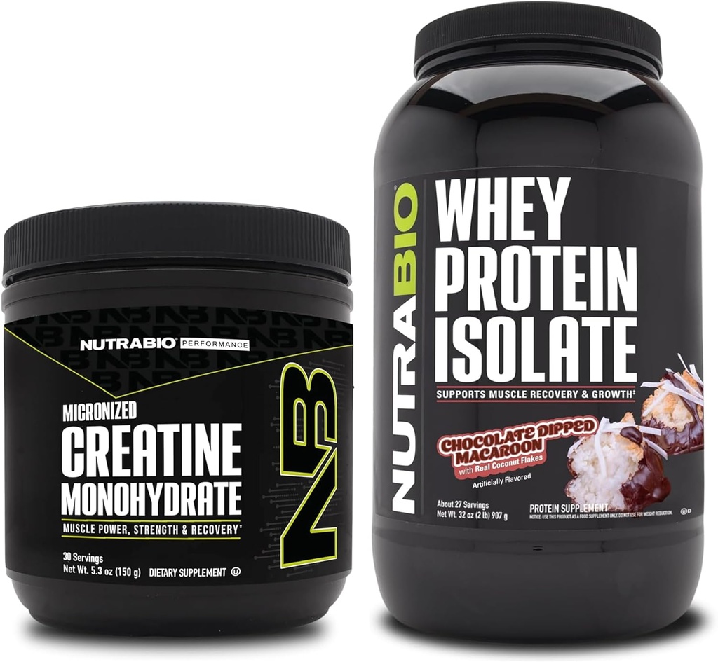 NutraBio Creatine Monohydrate, Unflavored, 150g και Whey Protein Isolate, σοκολάτα βουτηγμένο Macaroon, συμπλήρωμα Bundle - μυϊκή ενέργεια, Lean μυϊκή ανάπτυξη, ανάκτηση, και δύναμη