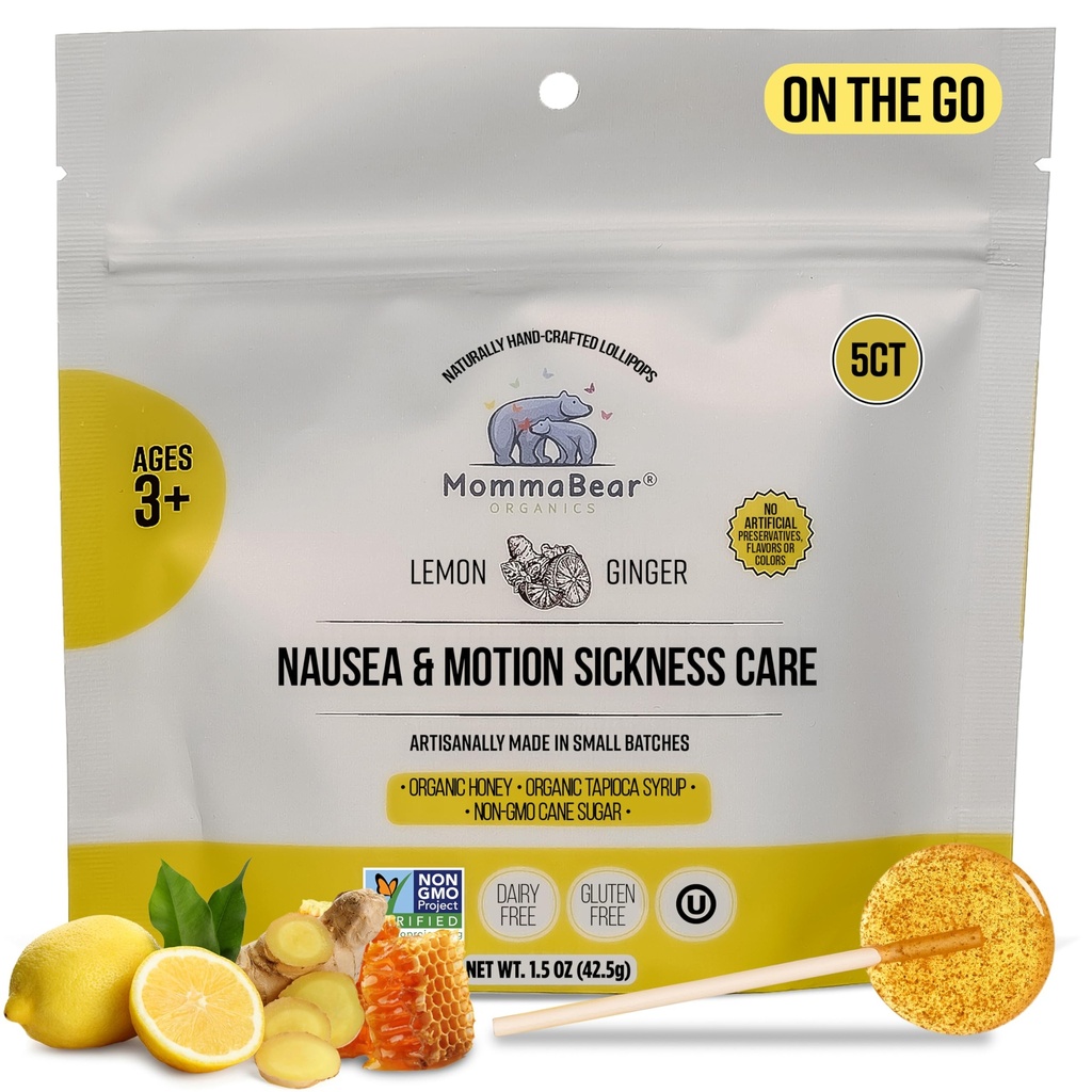 MommaBeaar Nausea & Motion Ασθένεια Γλειφιτζούρια – Μη ΓΤΟ Λεμόνι & Ginger Candy για Ναυτία – Βιολογικά Γλειφιτζούρια για Παιδιά 3+ & Έγκυες Γυναίκες για να Αλληλούια Queasness – Παιδιά Ταξίδι Απαραίτητα (5 Pack)
