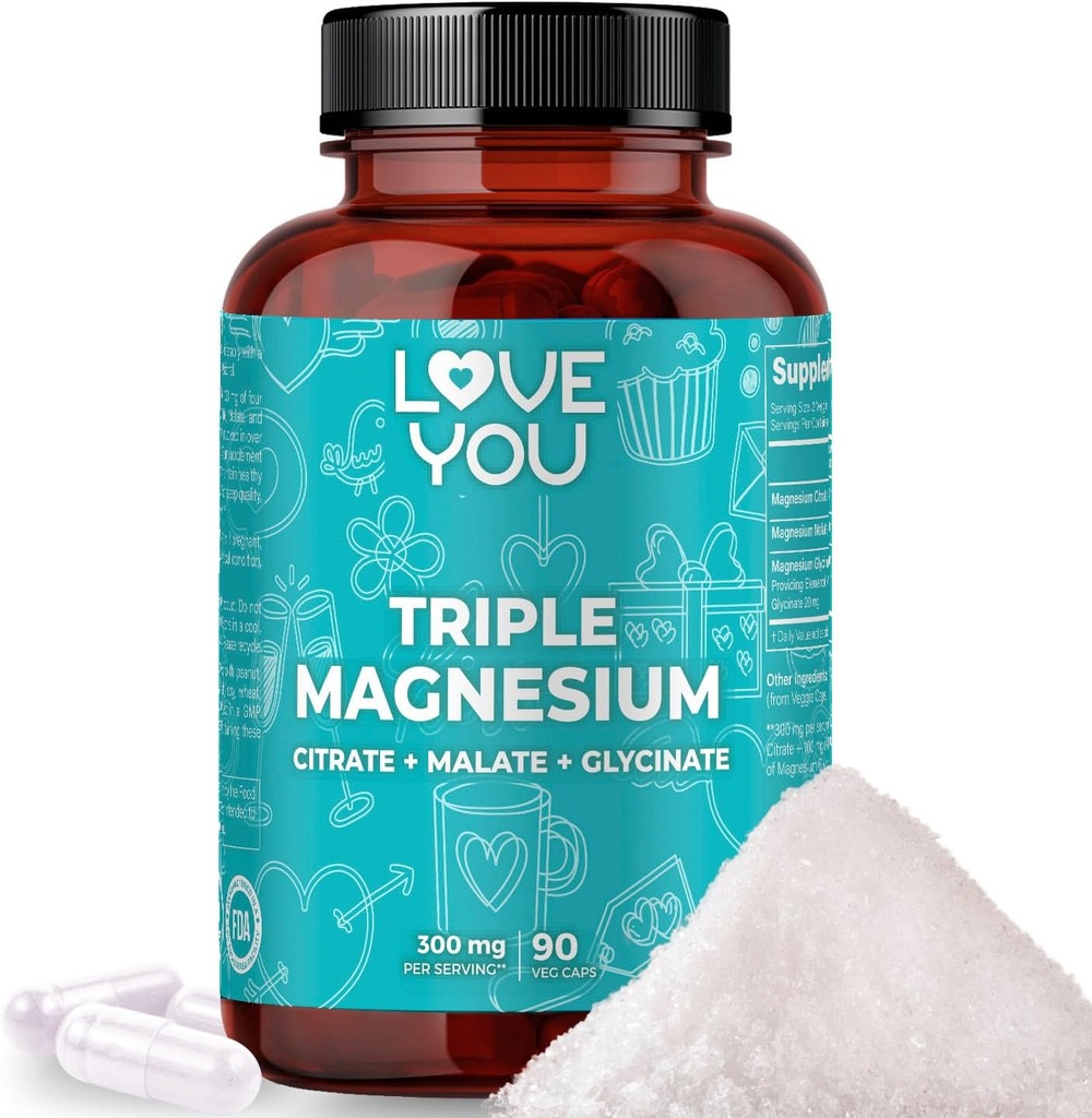 Love You Triple Magnesium Complex – 300mg ανά σερβίροντας, Premium Μαγνήσιο Γλυκινικό, Κιτρικό & Κακό – Υψηλή Απορρόφηση για τους μυς, τα νεύρα και την υποστήριξη του ύπνου, 90 κάψουλες λαχανικών – Κατασκευασμένες στις ΗΠΑ