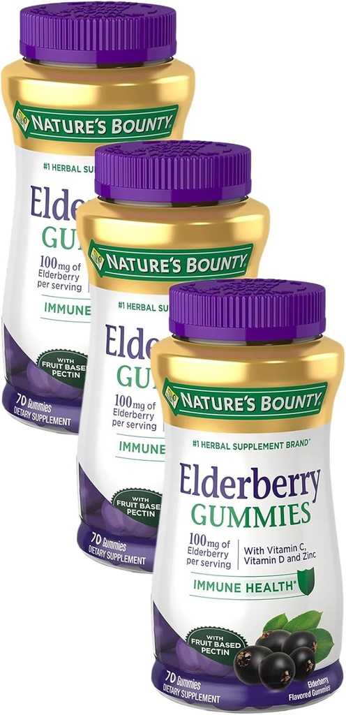Nature's Bounty Elderberry Gummies, Συμπλήρωμα διατροφής, Υποστηρίζει την Ανοσολογική Υγεία, Περιέχει Βιταμίνη Α, C, D, E και Ψευδάργυρο, 100 mg, 70 Gummies (Pack of 3)