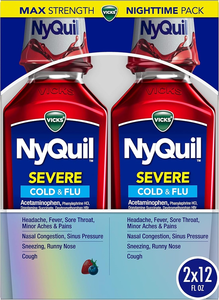 Vicks NyQuil SEVERE Ψυχρό, γρίπη, και Συμφορητική Ιατρική, 2x12 fl oz Twin Pack, Berry Flavor, μέγιστη δύναμη, νυχτερινή ανακούφιση