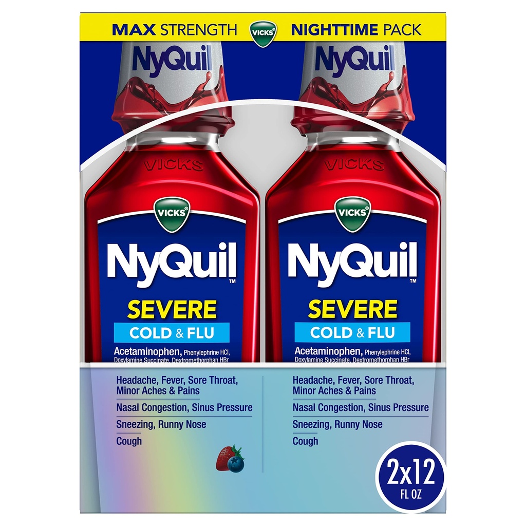 Vicks NyQuil SEVERE Ψυχρό, γρίπη, και Συμφορητική Ιατρική, 2x12 fl oz Twin Pack, Berry Flavor, μέγιστη δύναμη, νυχτερινή ανακούφιση