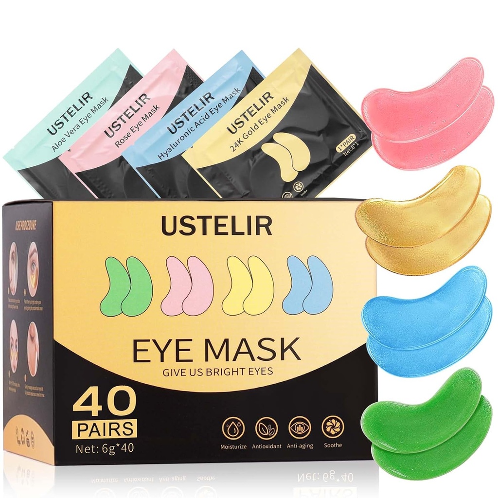 Μάσκα ματιών 40 Pairs για μαύρους κύκλους, Puffy Eyes, undereye τσάντες, Wrinkles, Μάσκα ματιών επιθέματα με 24K χρυσό, υαλουρονικό οξύ, Rose & Aloe Vera, περιποίηση ματιών για άνδρες & γυναίκες δώρο