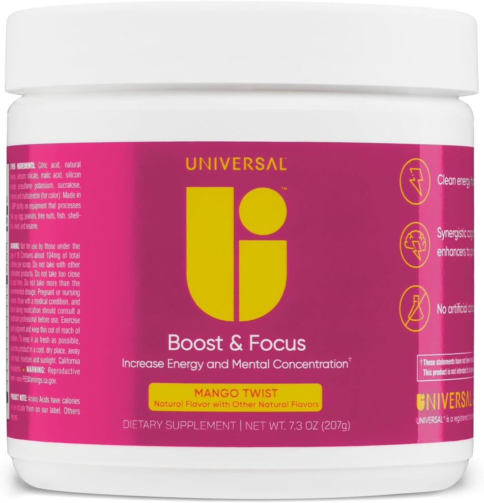 Universal U Boost & Focus σκόνη, αύξηση της ενέργειας και γνωστική απόδοση, πριν την προπόνηση, προσαρμοσμένη δοσολογία, VIT B12, Νιασίνη, Choline, L-Τυροσίνη, Χωρίς τεχνητές γεύσεις, 30 υπηρεσίες (Mango Twist)