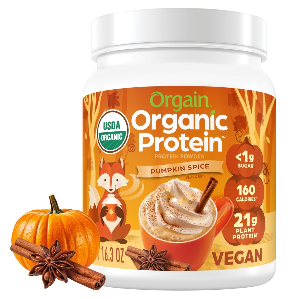 Orgain Organic Vegan Protein Powder, Pumpkin Spice Seasonal Flavor - 21g φυτικής πρωτεΐνης, 5g Prebiotic Fiber, No Lactose Ingredients, No Added Sugar, Non-GMO, For Shakes & Smoothies, 1,02 lb