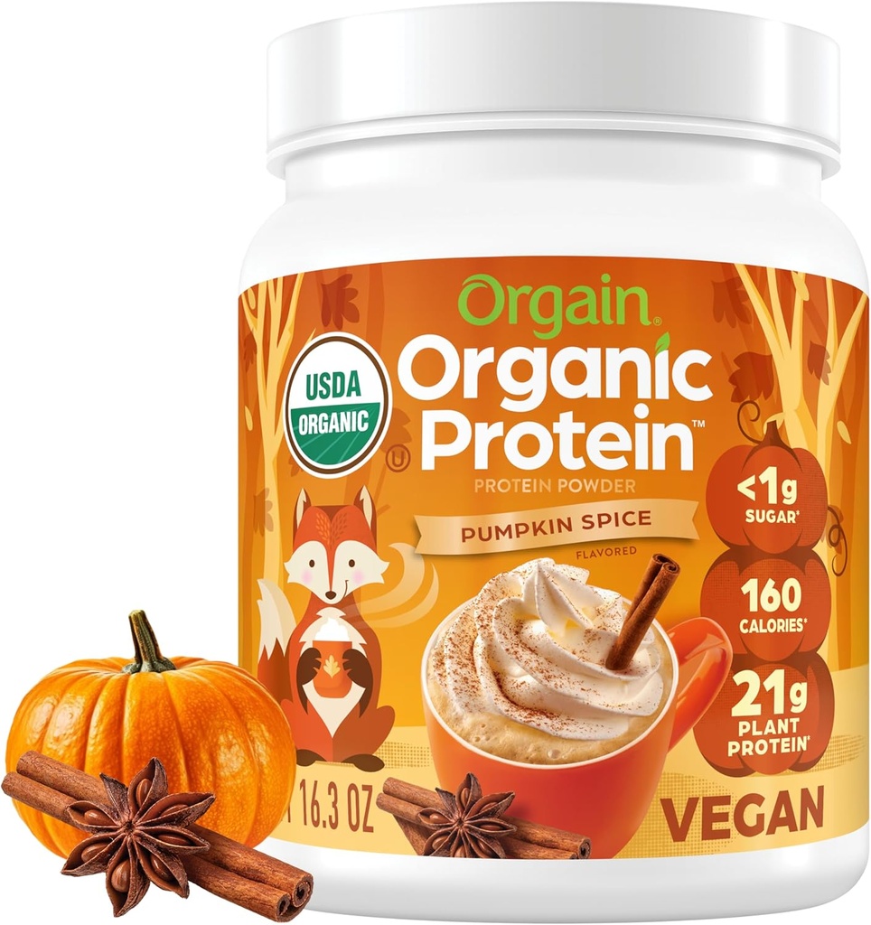 Orgain Organic Vegan Protein Powder, Pumpkin Spice Seasonal Flavor - 21g φυτικής πρωτεΐνης, 5g Prebiotic Fiber, No Lactose Ingredients, No Added Sugar, Non-GMO, For Shakes & Smoothies, 1,02 lb
