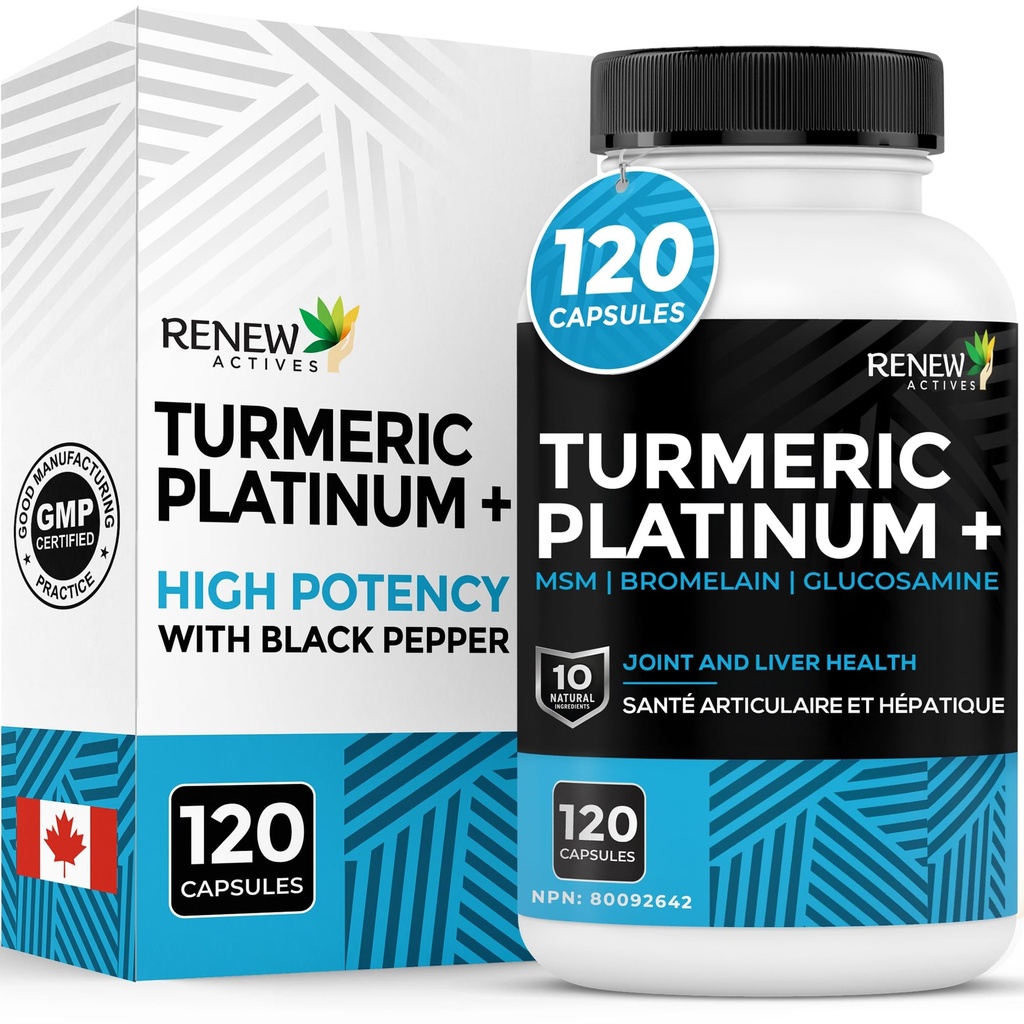 Renew Actives Turmeric Platinum 1350MG ανά 3 κάψουλες με Μαύρο Πιπέρι & Τζίντζερ – Αντιοξειδωτική, Συκώτι & Πεπτικό Support Μειώνει Φλεγμονή & Ενισχύει Ανοσία – Κατασκευάζεται στον Καναδά – 120 Κάψουλες