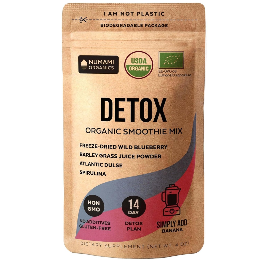 Numami Organic Detox Blueberry Smoothie Powder με υγιή Spirulina, Atlantic Dulse και Barley Grass Juice Powder, Premium ποιότητας superfood από την Ευρώπη