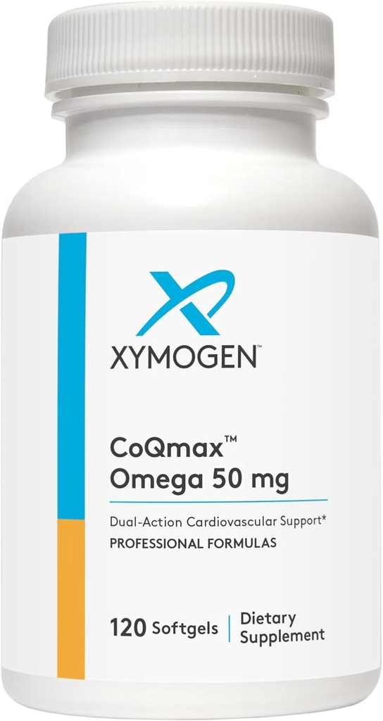 XYMOGEN CoQmax Omega 50 mg - CoQ10 + Fish Oil Omega 3 συμπλήρωμα - Διπλής δράσης υποστήριξη της καρδιάς - Συνένζυμο q10 + Εξειδικευμένο ιχθυέλαιο για 3X μεγαλύτερη απορρόφηση της EPA DHA (120 Softgels)