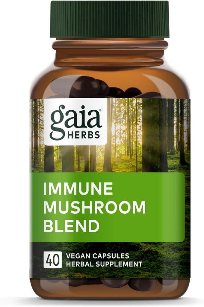 Gaia Herbs Immune Mushroom Blend - Συμπλήρωμα Μανιταριών Ανοσοποιητικής Υποστήριξης για την Υγεία του Έτους-Round* - με Reishi, Cordyceps, Turkey Tail, Shiitake, και Chaga Mushrooms - 40 Κάψουλες Vegan (40-Day Supply)