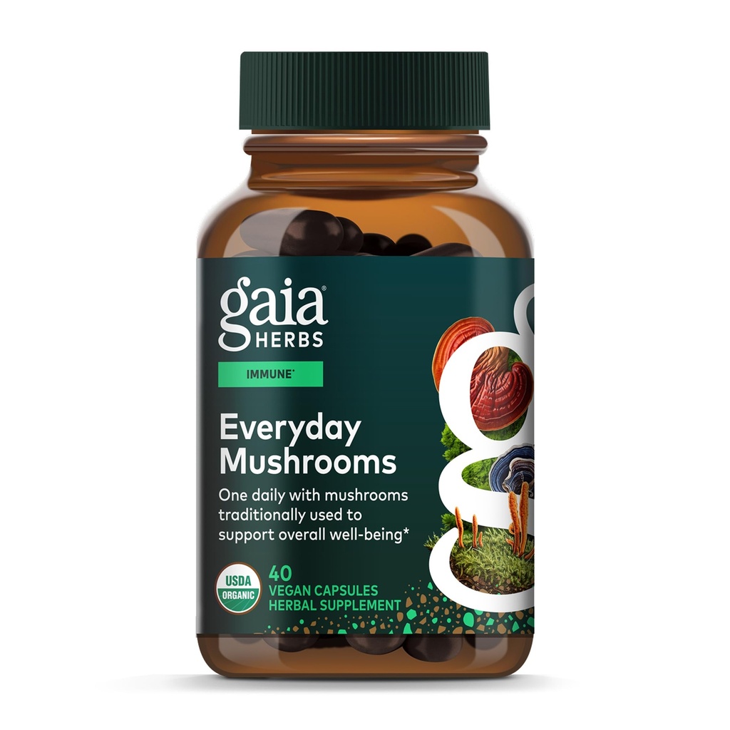 Gaia Herbs Immune Mushroom Blend - Συμπλήρωμα Μανιταριών Ανοσοποιητικής Υποστήριξης για την Υγεία του Έτους-Round* - με Reishi, Cordyceps, Turkey Tail, Shiitake, και Chaga Mushrooms - 40 Κάψουλες Vegan (40-Day Supply)