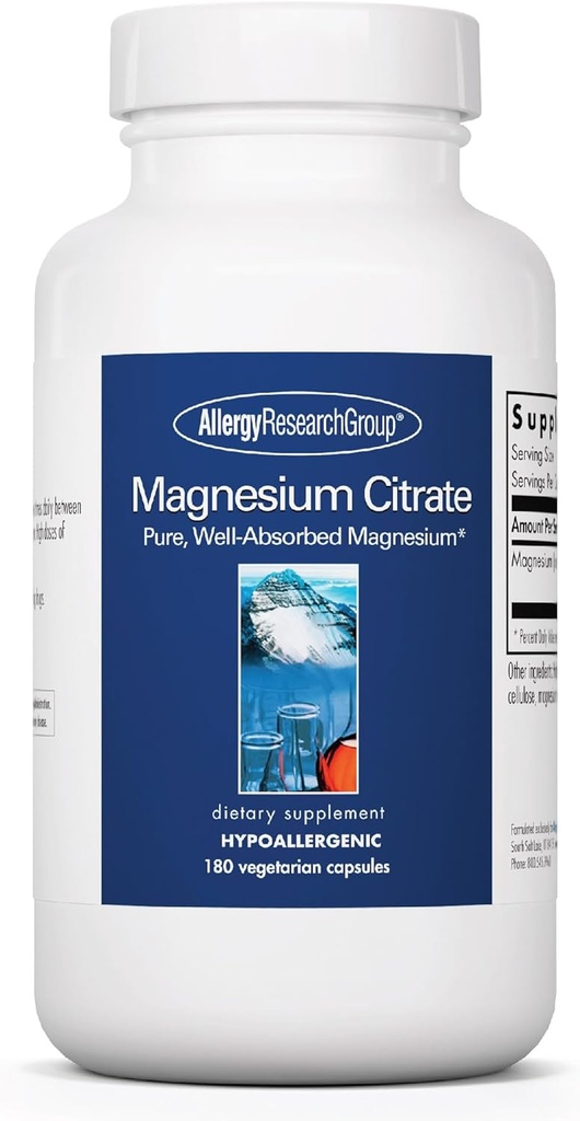 Allergy Research Group Magnesium Citrate Supplement - Pure Magnesium Citrate Capsules for Calm, Sleep, Constipation, and Digestion for Women and Men, 170 mg Per Pill - 180 Vegetarian Capsules