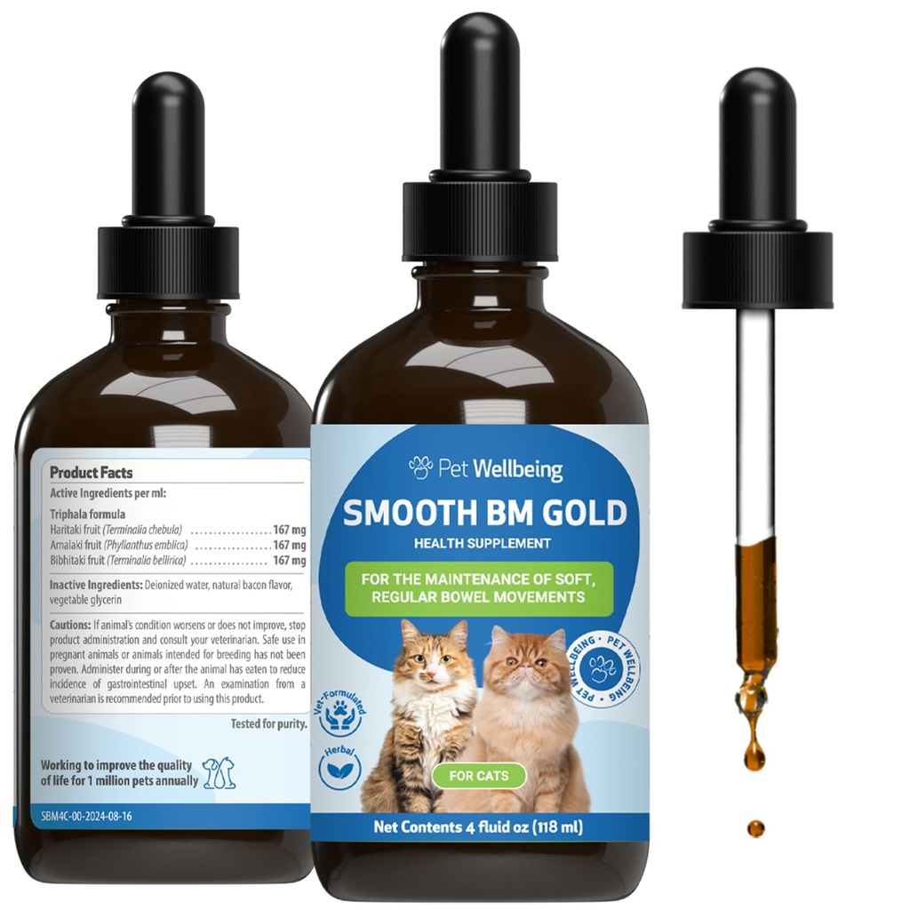 Pet Wellbeing Smooth BM Gold for Dog & Cats - Ανακουφιστικό για τη δυσκοιλιότητα & Αποσκληρυντικό για το σκουφάκι, Υποστηρίγματα Υγιεινές Κινήσεις Bowel - Φυσικό συμπλήρωμα βοτάνων 4 oz (118 ml)