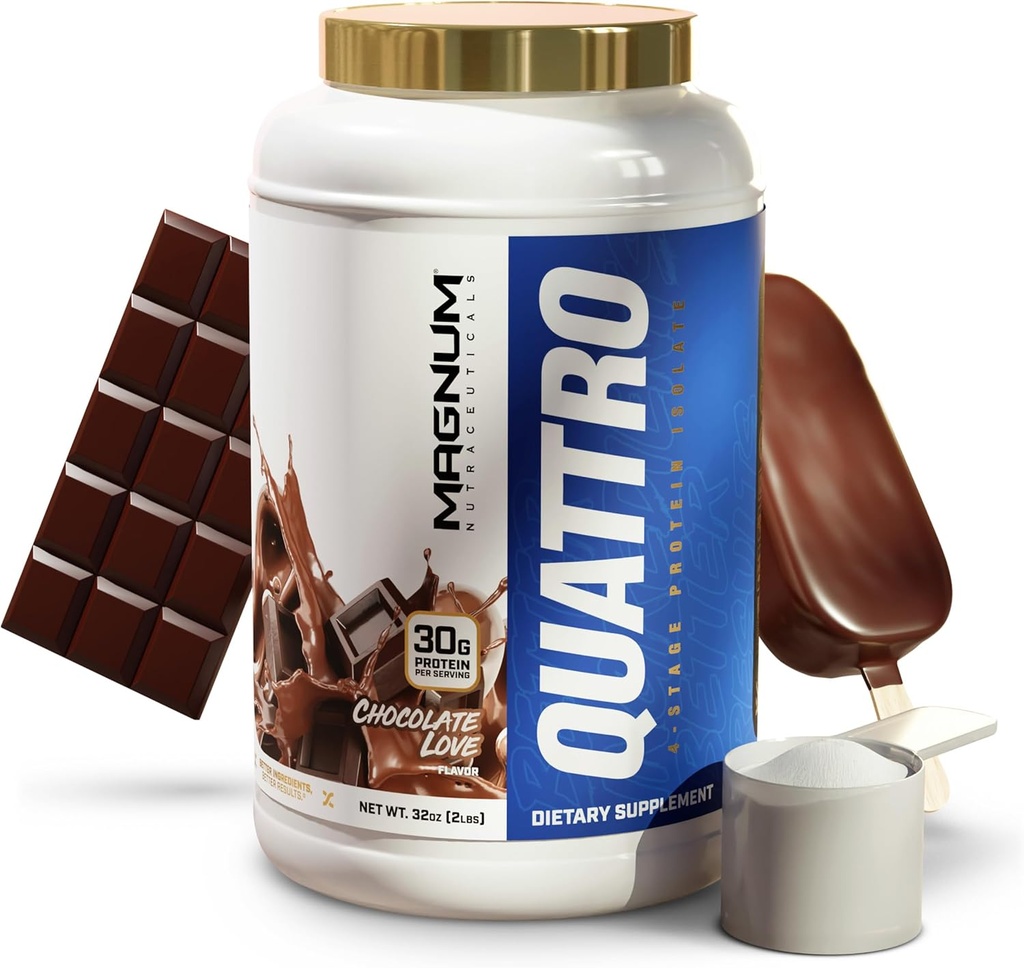Magnum Nutraceuticals Quattro Whey Protein Powder, Chocolate Love 2lb – Premium Protein Isolate Blend για την ανάπτυξη των μυών & την αποκατάσταση
