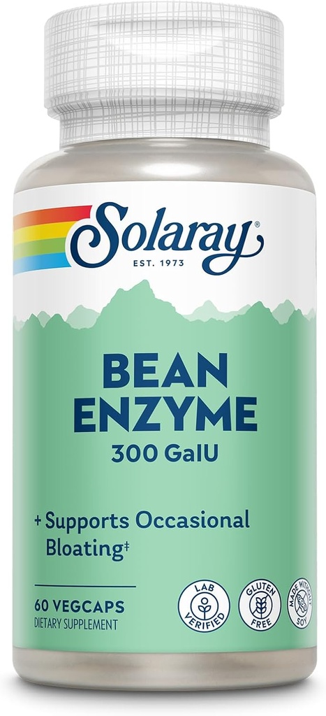 SOLARAY Bean Enzyme 300 GalU - Alpha Galactosidase Digestive Enzymes for Women and Men - Digestive Health Supplement - Υποστηρίζει Περιστασιακό Μπλοκάρισμα και Αέριο για Ενήλικες - 60 Υπηρεσίες, 60 VegCaps