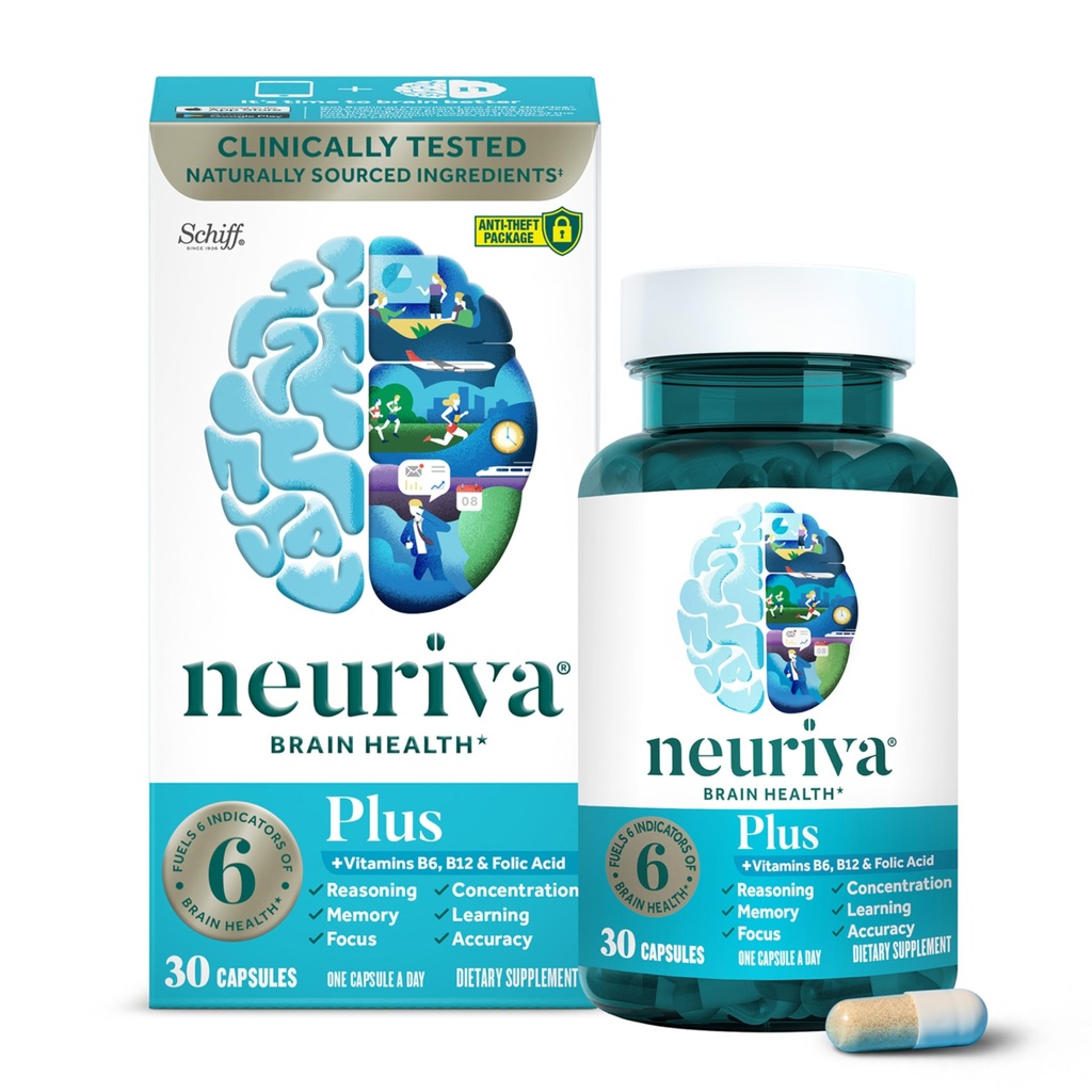 NEURIVA Plus Brain Supplement for Memory, Focus & Concentration + Cognitive Function with Clinically Tested Nootropics Phosphatidylserine and Neurofactor, Vitamins B6 & B12, 30 Count Capsules
