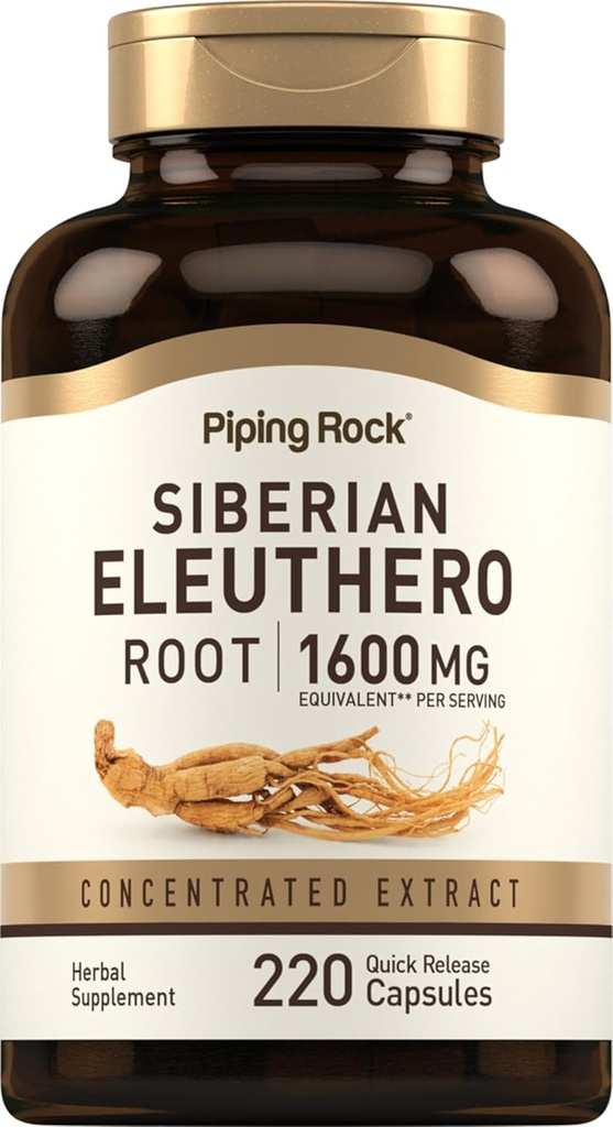 Piping Rock Siberian Eleuthero Root Capsules 1600mg | 220 Count | Concentrated Herbal Extract | Non-GMO, Gluten Free Supplement