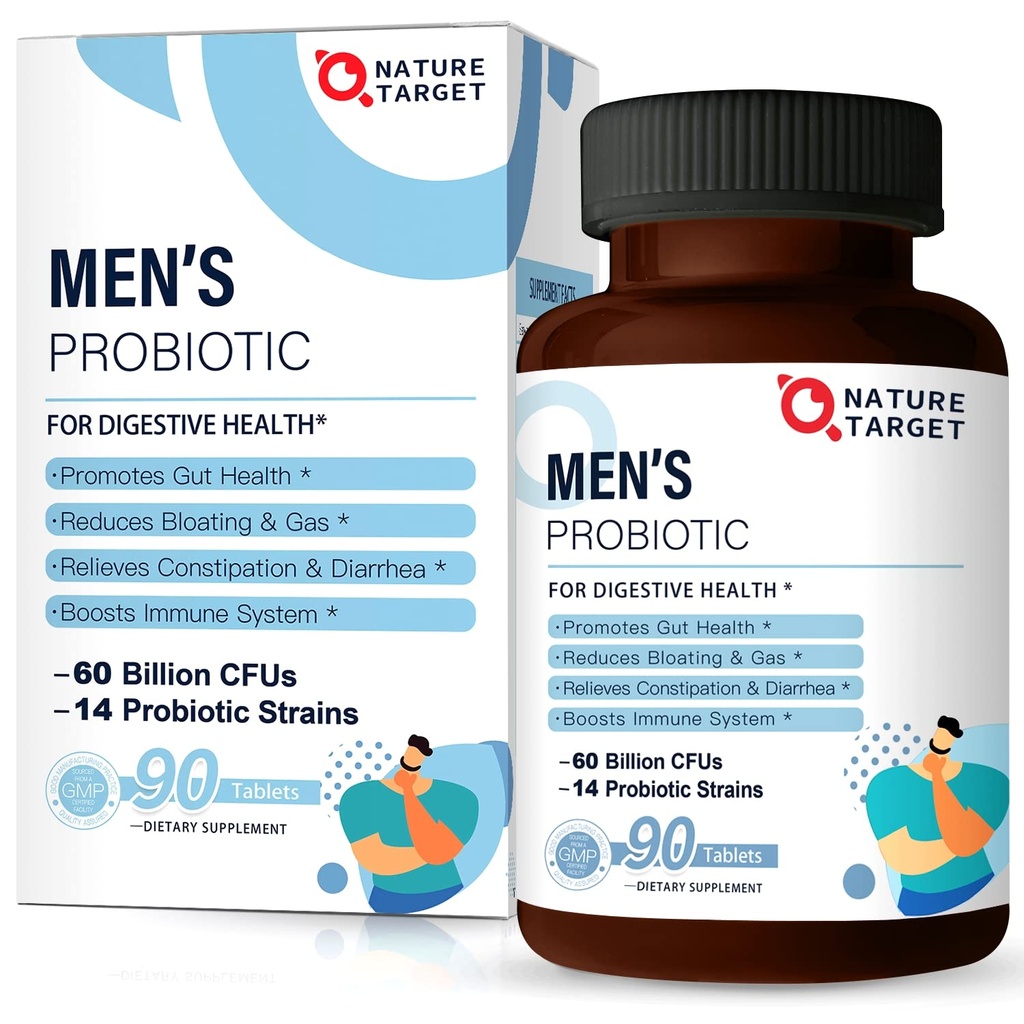 NATURE TARGET Probiotics για άνδρες με άνδρες συμπλήρωμα φροντίδας, προβιοτικά & προβιοτικά για άνδρες Digestive και ανοσοκατασταλτική υγεία, 60 δισεκατομμύρια CFUs & 14 Strains Ράφι σταθερό, γλουτένη & χωρίς σόγια (90 δισκία)