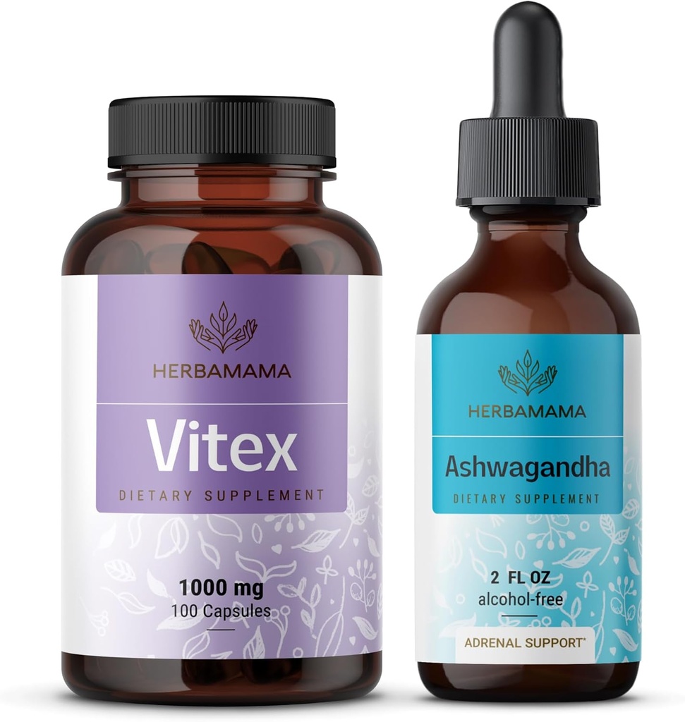 HERBAMAMA Vitex και Ashwagandha Kit - Bundle των 1000 mg Vitex Κάψουλες Chasteberry & Ashwagandha Υγρές σταγόνες 2 fl oz - Vegan, μη GMO, Ζάχαρη & Αλκοόλ- Δωρεάν - 2 Pack