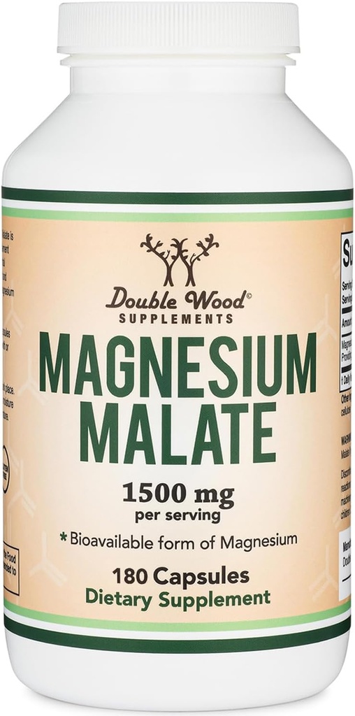 Magnesium Malate Capsules (180 Count) - 1,500mg Per Serving (Magnesium Bonded to Malic Acid), Third Party Tested, Vegan Friendly, Gluten Free by Double Wood Supplements