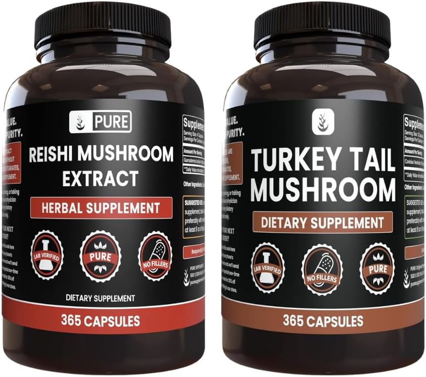 PURE Αρχική ΣΥΣΤΑΤΙΚΑ Reishi Mushroom & Turkey Tail Mushroom Capsule (365 Κάψουλες), Πάντα Αγνή, Χωρίς Πρόσθετα ή Γέμισμα
