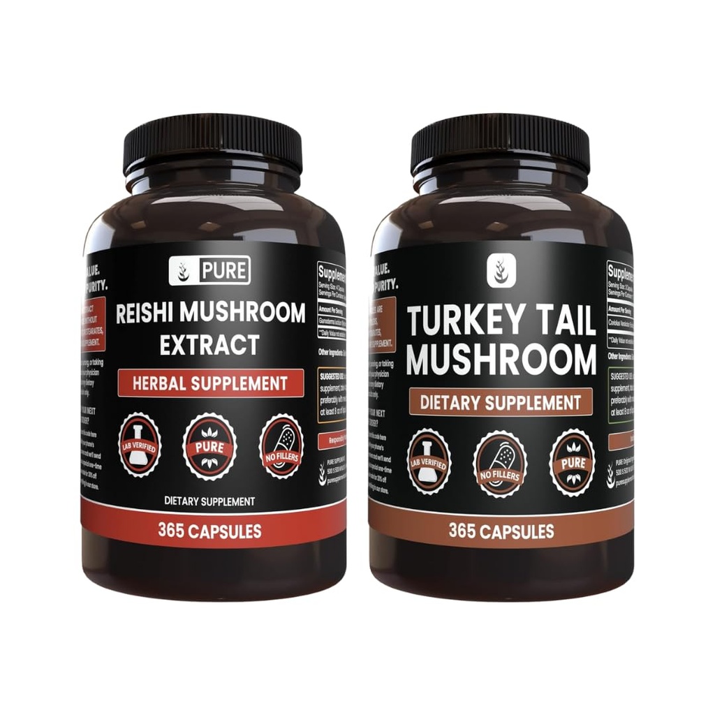PURE Αρχική ΣΥΣΤΑΤΙΚΑ Reishi Mushroom & Turkey Tail Mushroom Capsule (365 Κάψουλες), Πάντα Αγνή, Χωρίς Πρόσθετα ή Γέμισμα