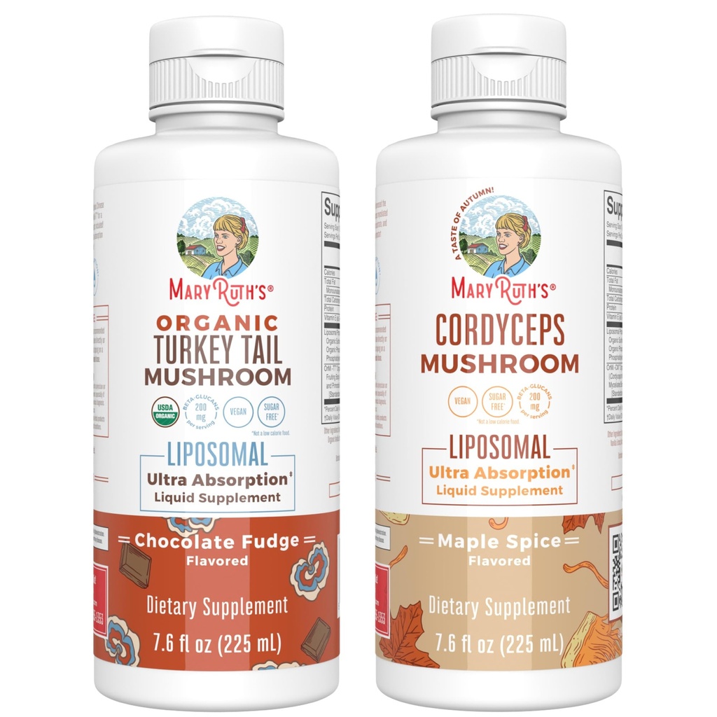 MaryRuth Organics Mushroom Liposomals: Turkey Tail (Chocolate Fudge) & Cordyceps (Maple Spice) 