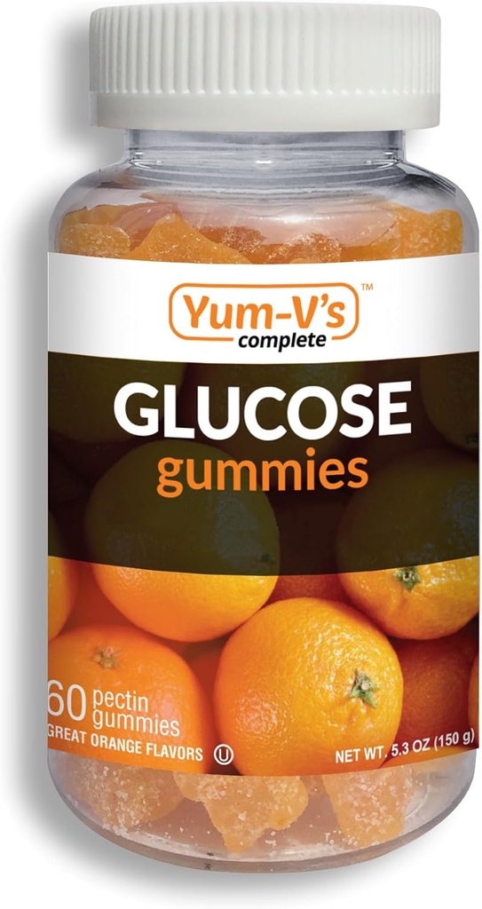 YUM-V'S Γλυκόζη Gummies – Γρήγορη δράση Γλυκόζη Μασώμενα Gummies – Μεγάλη γεύση – Χωρίς γλουτένη, Vegan, μη-GMO – Πορτοκαλί Φυσικό άρωμα – 60 Μασώμενα Gummy για ενήλικες & παιδιά