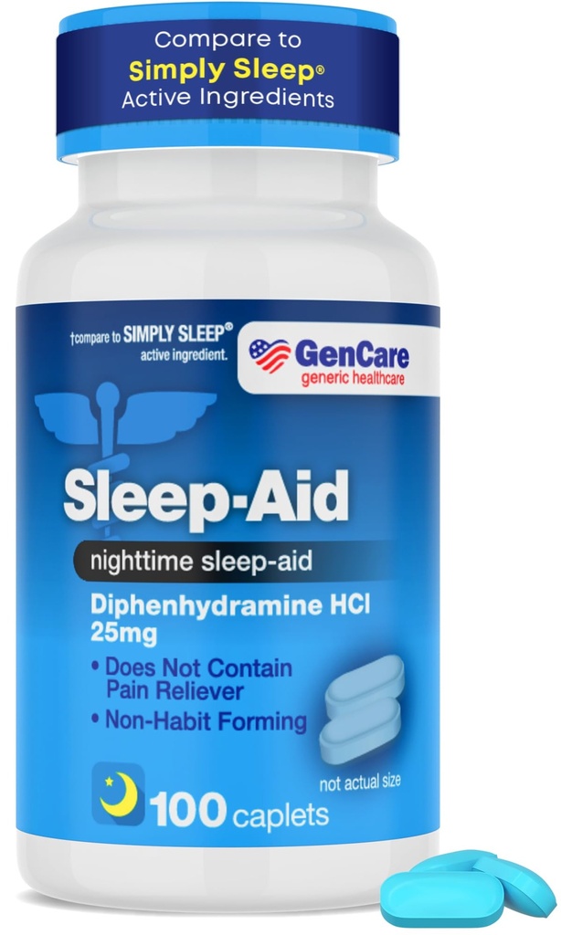 GenCare - Sleep Aid Diphenhydramine HCL 25mg Blue Caps (100 Caplets) - Μη Συνηθισμένα Χάπια Νύχτας για Ενήλικες να Κοιμούνται Πιο γρήγορα & Κοιμούνται Βαθιά Μέσα από τη Νύχτα - Βοηθήματα Ύπνου