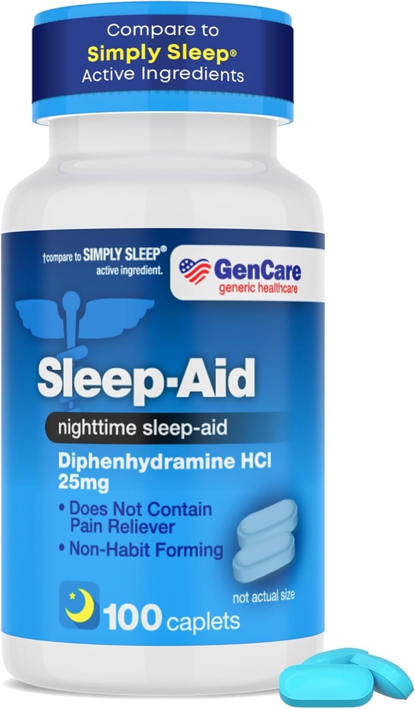 GenCare - Sleep Aid Diphenhydramine HCL 25mg Blue Caps (100 Caplets) - Non Habit Forming Nighttime Sleeping Pills for Adults to Fall Asleep Faster & Sleep Deeper Through The Night - Sleep Aids