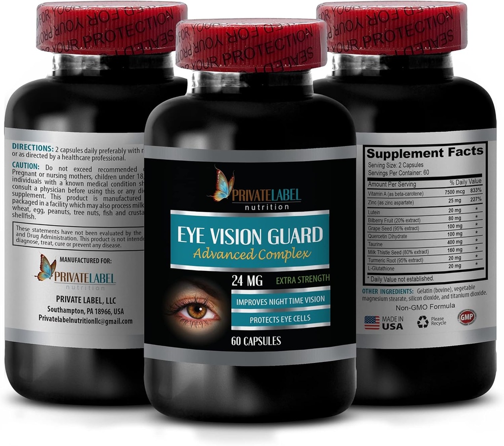 Βιταμίνες όρασης με Lutein - Eye Vision Guard 24 MG - Advanced Complex, Eye Vision Support, Lutein Supplement, Vitamin A Supplement, Turmeric Extract, Bilberry Extract, Taurine, 1 Bot 60 Κάψουλες