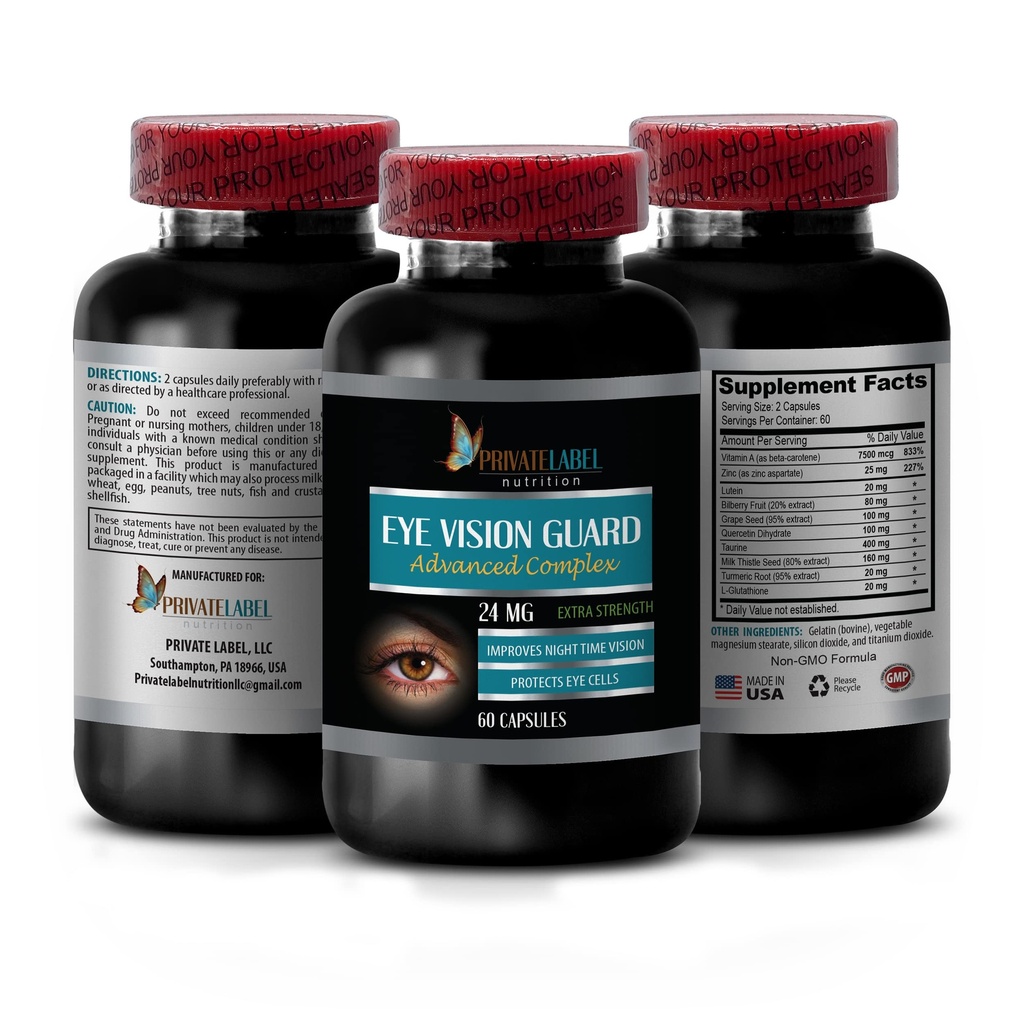 Βιταμίνες όρασης με Lutein - Eye Vision Guard 24 MG - Advanced Complex, Eye Vision Support, Lutein Supplement, Vitamin A Supplement, Turmeric Extract, Bilberry Extract, Taurine, 1 Bot 60 Κάψουλες