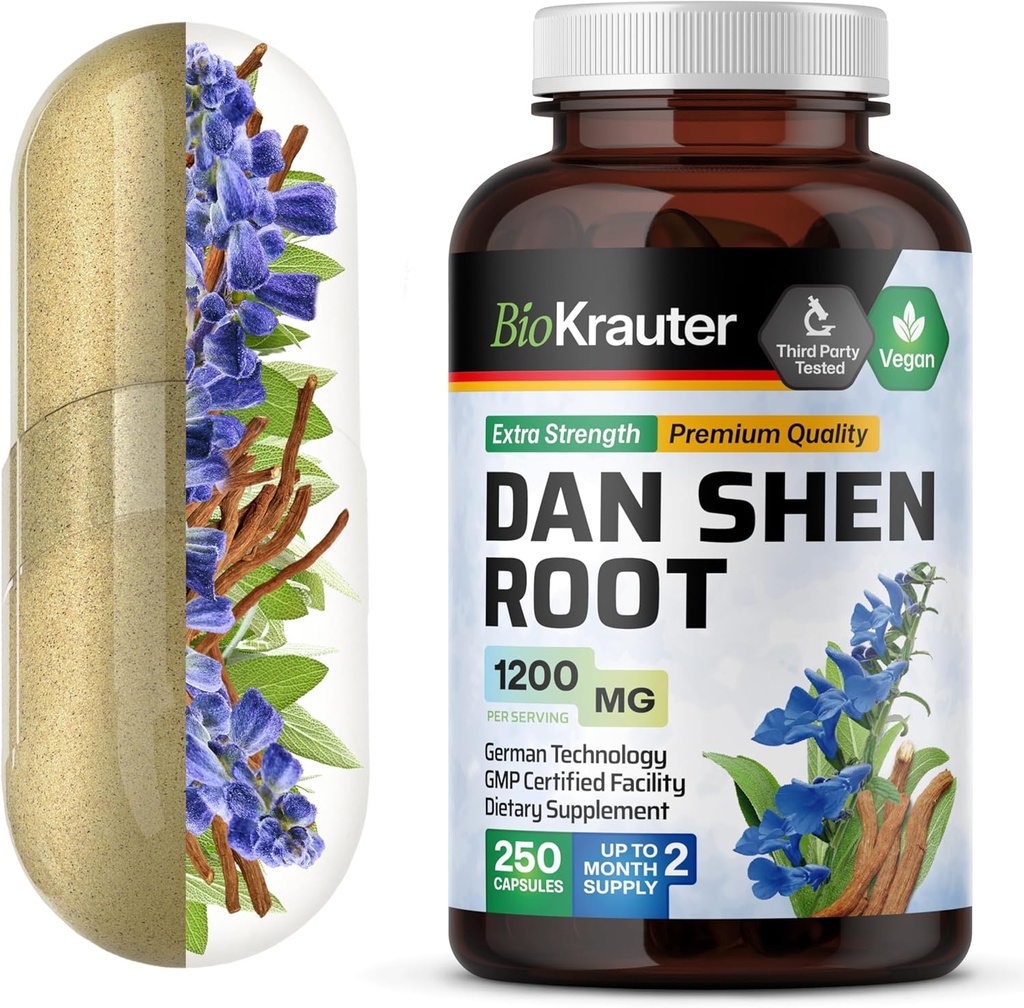 BIO KRAUTER Dan Shen Root Capses - 1200 mg Αντοχή - 250 Red Sage Caps - Αντιοξειδωτική πηγή - Salvia Miltiorriza Root - Vegan