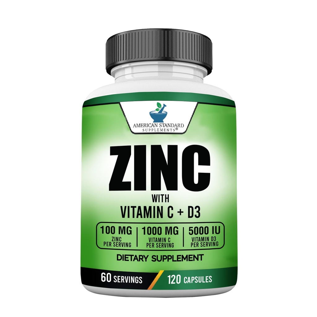 American Standard Συμπληρώματα ψευδάργυρος 100mg, βιταμίνη C 1000mg, και βιταμίνη D3 5000 IU (125mcg) ανά υπηρεσία - Χωρίς γλουτένη, μη ΓΤΟ, 120 κάψουλες, 60 εξυπηρετούν