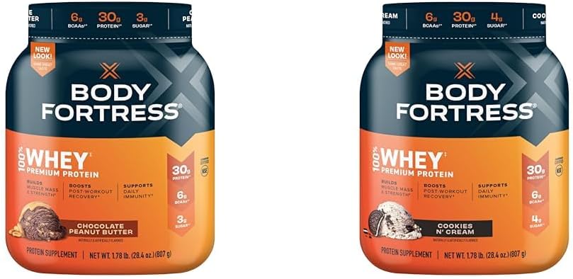 Φρούριο σώματος 100% Whey Premium πρωτεΐνη σκόνης σοκολάτας φυστικοβούτυρο και τα cookies N' Cream, 1.78lbs κάθε