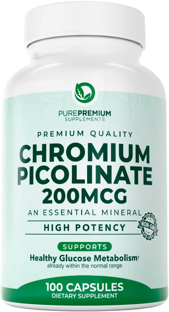 PurePremium Chromium Picolinate 200mcg - Υψηλής ισχύος συμπληρώματα Chromium - Βασική Ορυκτή Υγεία Υποστήριξη για άνδρες / γυναίκες - Χωρίς γλουτένη - 3 Μήνες Προμήθεια - 100 Κάψουλες