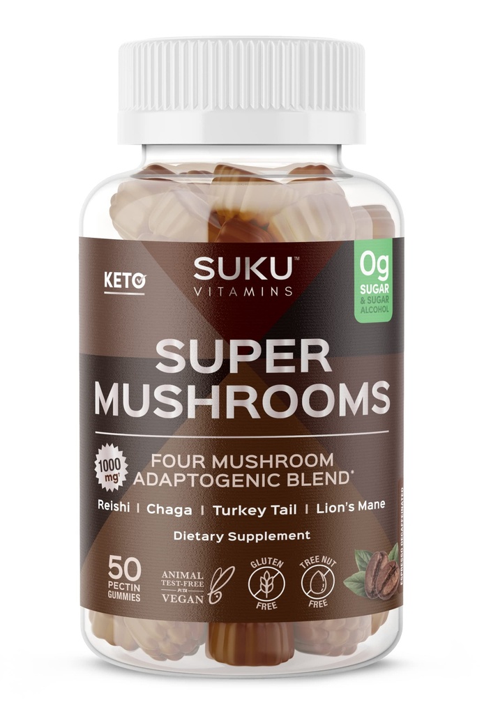 SUKU Βιταμίνες - Super Mushroom - Reishi Chaga, Τουρκία Tail & Lions Mane Blend Gummies για Ανοσία - Εύκολο στο μάσημα - Μη ΓΤΟ, Χωρίς γλουτένη - Espresso Αποφλοίωση Γεύση Gummy Βιταμίνες, 50 Count