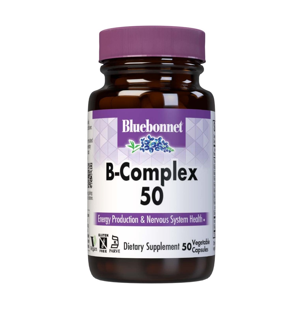 Bluebonnet Nutrition B Complex 50 κάψουλες λαχανικών, Πλήρης πλήρες φάσμα, βιταμίνη Β6, Β12, Βιοτίνη, Folate, Vegan, χορτοφάγος, Χωρίς γλουτένη, Χωρίς σόγια, Χωρίς γάλα, Kosher, 50 κάψουλες λαχανικών